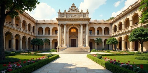 Obraz premium Serene Courtyard of an Elegant Classical Mansion with Lush Gardens and a Grand Entrance