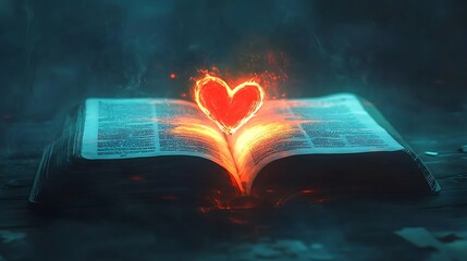 Burning Heart of Faith: A fiery heart emerges from an open bible, symbolizing divine love and spiritual passion.