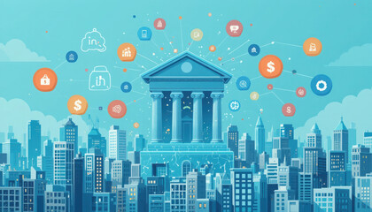 Fototapeta premium A vibrant illustration of a bank among a cityscape, with digital symbols representing finance and connectivity surrounding it.