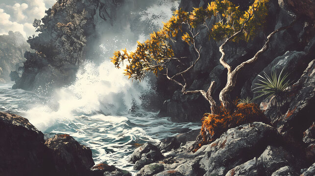 A forsaken aucuba clings to a rocky shore, its once-luxuriant leaves now tattered and worn, bathed in the harsh light of a scorching sun. Forsaken Shores. Illustration