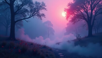 Ethereal mist ascends softly darkening surroundings, shimmering veil, abstract colors, mystical atmosphere