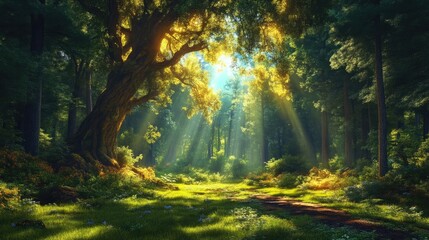 Obraz premium Sunlit forest path. Lush trees, sunlight filtering through canopy