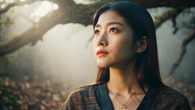 Young woman gazing thoughtfully upwards in a tranquil forest setting during golden hour light