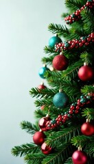 Evergreen branches wrapped with colorful garlands and ornaments, Festive, Holiday, Decoration