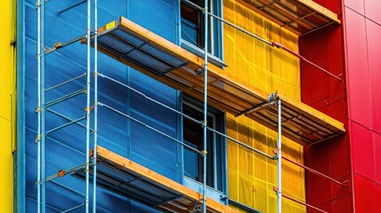 Obraz premium Scaffolding erected on high-rise project with structural beam layouts visible on site plan board