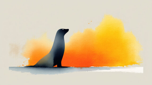 Silhouette of seal sits gracefully against vibrant orange and yellow watercolor background
