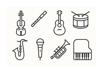 Obraz premium Linear music instrument icons set: violin, flute, guitar, drum, saxophone, microphone, trumpet, piano