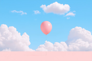 Fototapeta premium Floating Pink Balloon: A solitary pink balloon floats gracefully amidst a bright blue sky, evoking a sense of whimsy, freedom, and boundless possibilities.
