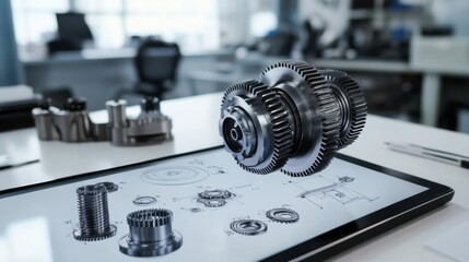 Fototapeta premium Set of mechanical engineering textbooks, sketches, and a digital tablet showing rotating gear simulations