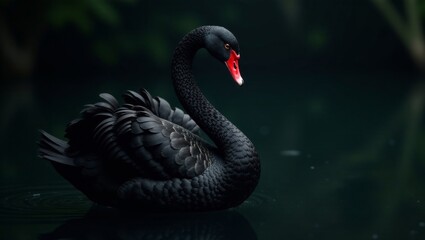Fototapeta premium Elegant Black Swan Gracefully Gliding on Dark Water, a Symbol of Mystery and Beauty
