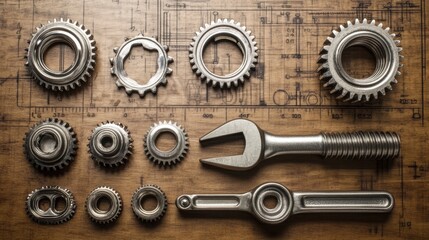 Obraz premium Set of metal gears, ball bearings, and wrenches laid out on a technical drawing board in a workshop
