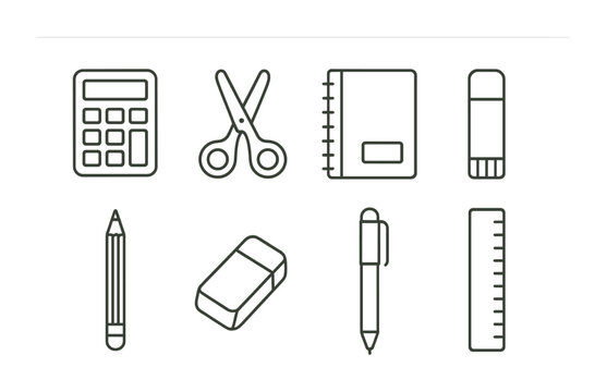 Essential stationery icons set depicting office and school supplies in linear style