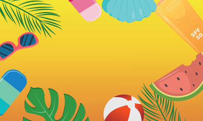 Summer background with the inscription hello summer, tropical leaves, watermelon and glasses