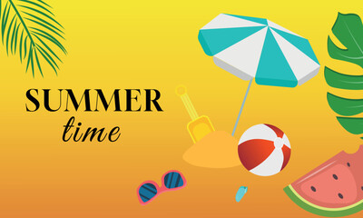 Summer background with the inscription hello summer, tropical leaves, watermelon and glasses