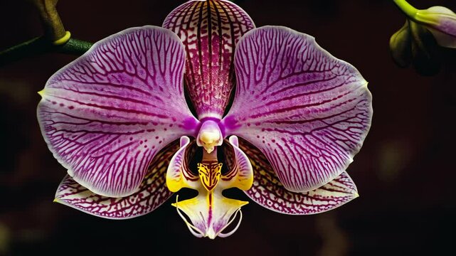 Elegant purple orchid with intricate patterns blooms beautifully amid lush greenery in a serene environment