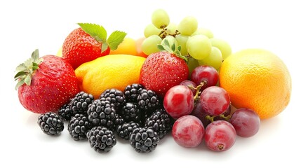 Obraz premium A vibrant summer fruit medley showcasing ripe strawberries, juicy blackberries, sweet grapes, and a zesty orange, bathed in bright, even light against a clean white backdrop.