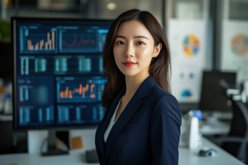 Fototapeta premium A portrait of an Asian businesswoman in front of the computer screen with financial graphs and charts, symbolizing her success as she stands confidently at work office space, wearing dark blue suit ja