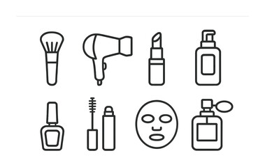 Beauty and cosmetic tools icon set - linear style for skincare and makeup design