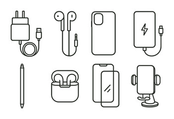 Stylish linear icons set: essential smartphone accessories for everyday use