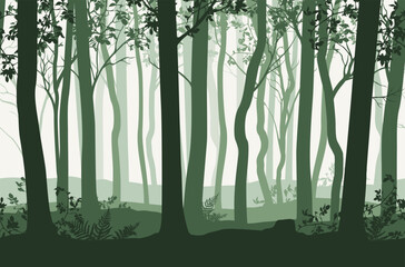 Obraz premium Vector beautiful green forest landscape with tree trunks and leaves and ferns in seamless pattern