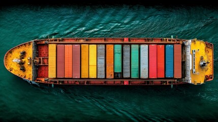 Obraz premium Aerial view of a large cargo ship carrying colorful shipping containers on dark blue water.