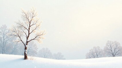 Obraz premium Serene Winter Landscape A Solitary Snow-Covered Tree Stands in a Quiet, Snowy Field, Bathed in Soft Sunlight, Amidst a Hazy, Peaceful Woodland