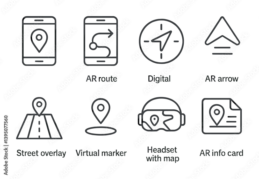 Poster minimalist linear ar navigation icons set for digital interfaces and apps
