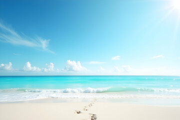 Fototapeta premium Footprints in the sand on a pristine beach capture a sense of serene isolation and tranquil solitude, inviting contemplation and peaceful reflection