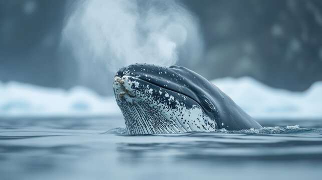 A bowhead whale with its distinctive bow-shaped jaw, swimming in the icy Arctic waters, breathing out a visible spout of air. 