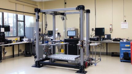 Structural load testing setup with testing machines, strain gauges, and sample structures for material analysis