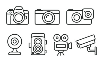 Linear camera and photography icon set - classic devices and equipment
