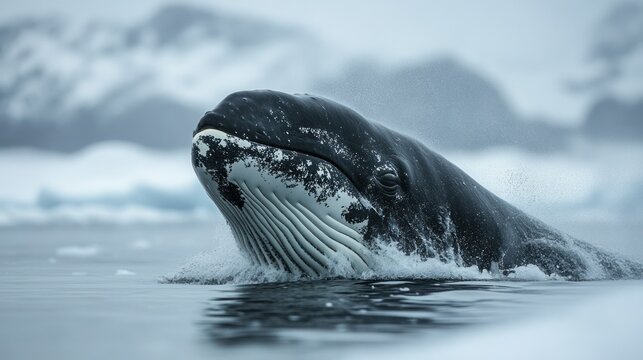 A bowhead whale with its distinctive bow-shaped jaw, swimming in the icy Arctic waters, breathing out a visible spout of air. 