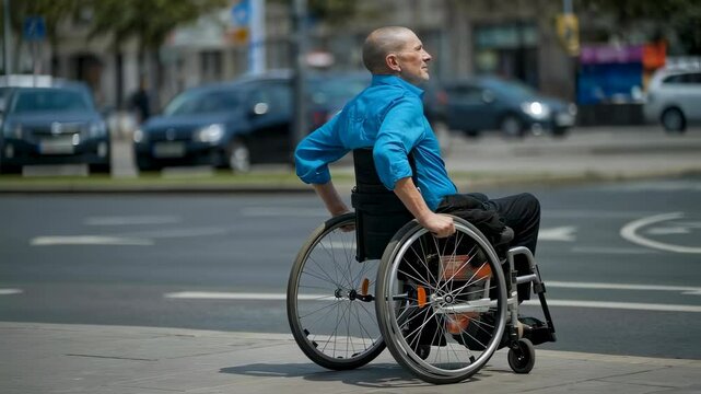 Man in wheelchair crossing street video. Person in mobility aid waiting to cross at crosswalk footage. Disability access and urban living motion picture. Pedestrians in background.