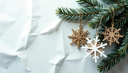 Ornate snowflake decorations hanging from a frosted evergreen branch on crinkled paper, snowflakes, holly, festive