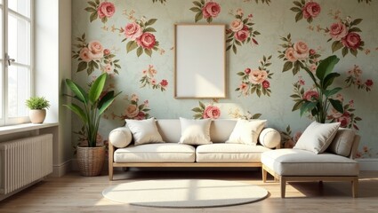 Fototapeta premium Serene Living Room Decor with Floral Wallpaper, Neutral Sofa, and Wooden Accents