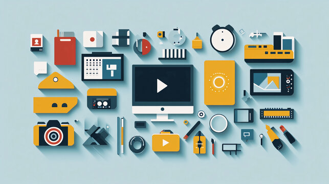 Flat lay design of multimedia equipment and tools for creative projects and digital marketing content creation