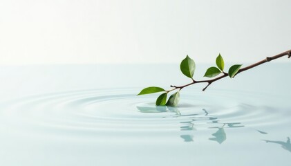 Single branch on white surface with a hint of water droplets and ripples, branches, minimalism, water