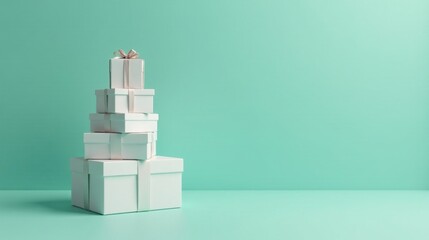 A Stack of Elegantly Wrapped Presents on a Mint Green Background, Ideal for Festive Occasions and Gift-Giving Celebrations