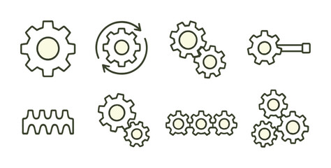 Linear icon set of gears and cogs in various configurations for technical design