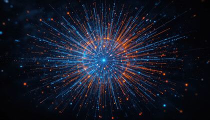 Fototapeta premium A vibrant explosion of blue and orange particles radiating from a central point against a dark background, resembling a cosmic event or energy burst.