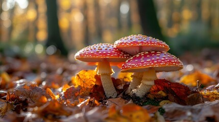 A cluster of vibrant red and white Amanita muscaria mushrooms growing on a forest floor covered in fallen leaves, dappled sunlight. 