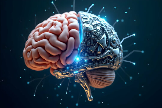 Futuristic Brain, Artificial intelligence and human mind merging in a hi tech conceptual design, envisioning the future of cognitive enhancement and neural technology