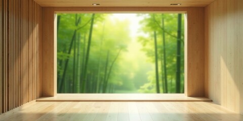 Serene wooden interior with a large window showcasing a lush, vibrant forest backdrop