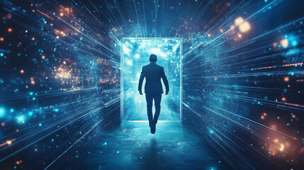 Business man walking through portal abstract technology future metaverse illustration concept art