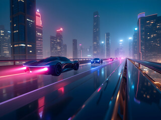 Fototapeta premium Futuristic cityscape with glowing neon lights and sleek, high tech cars speeding along a futuristic highway at night, showcasing advanced urban transportation