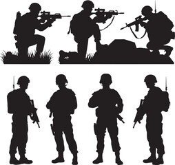Silhouette Soldiers Standing Ready For Battle Vector Illustration