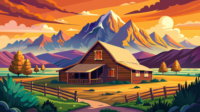 Mormon Row in Grand Teton National Park. A large, old barn sits in a field with a beautiful sunset in the background