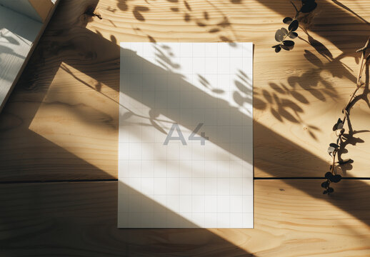 Organic A4 Mockup with Natural Wood and Plant Shadows