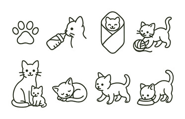 Fototapeta premium Cute cat activity icons set - linear design