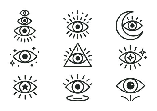 Mystical eye icons set: linear style with moon, pyramid, and star elements